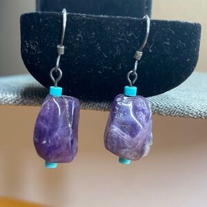Vintage Amethyst & Turquoise Earrings – 925 Hooks/ Rough Cut Amethyst Dangle